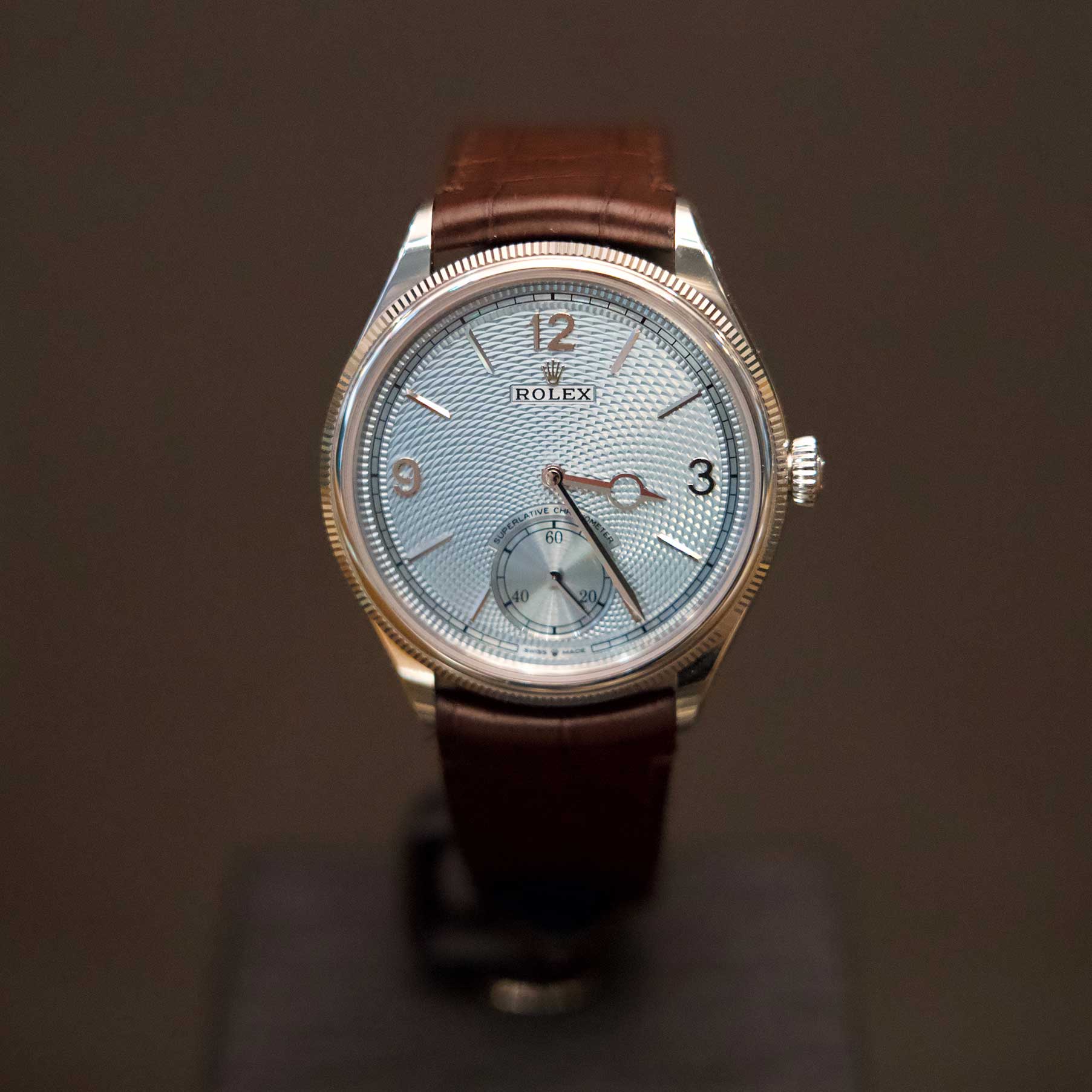 Rolex 1908 bleu glacier Platine Cuir marron 39 mm 52506